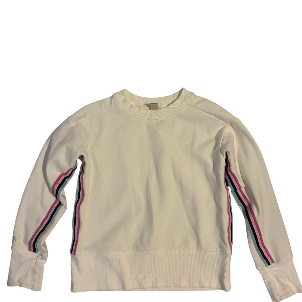 Athleta White Crewneck Sweater with Colorful Stripes